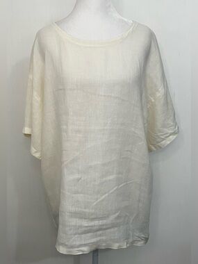 Calvin Klein ivory Linen Woven Blouse Womens Scoop Neck Short Sleeve Pullover